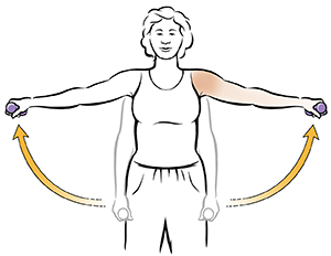 Woman doing lateral shoulder lift exercises with a dumbbell.