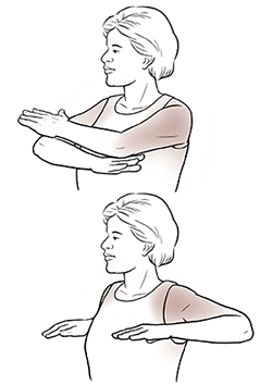 Woman doing arm cross exercise.