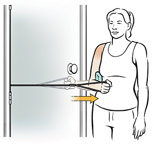 Woman doing internal rotation shoulder exercise.