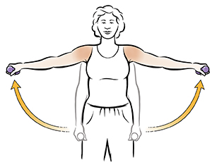 Woman doing side raise shoulder exercise with hand weights.
