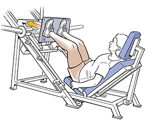Side view of woman using incline leg press.
