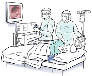 Two healthcare providers performing sigmoidoscopy on patient lying on side.
