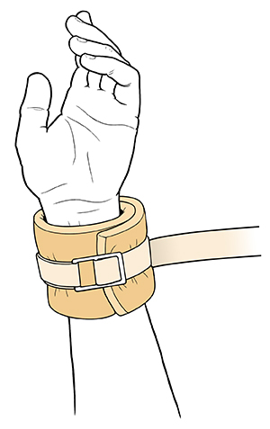 Closeup of forearm and hand with restraining band around wrist.