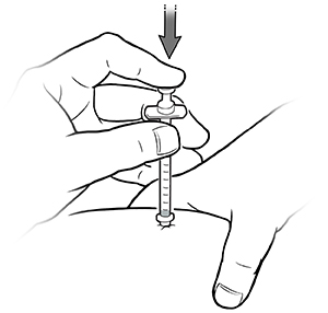 Closeup of hand pressing plunger on syringe to give injection while other hand holds skin taut.
