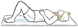Woman lying on back doing neck glide exercise.