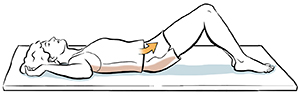 Woman lying on her back with her knees bent. An arrow shows the inclination of the pelvis to give flexibility to the spine.