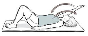 Woman lying on back doing overhead arm raise exercise.