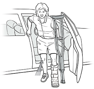 Woman getting into a car with crutches.