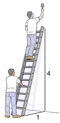Hombre parado en una escalera apoyada contra la pared. Otro hombre parado en el suelo sostiene la escalera.