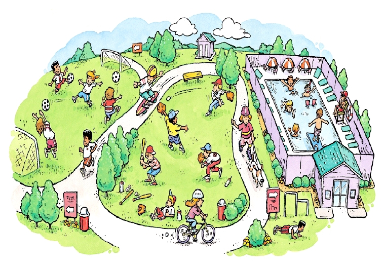 Imagen aérea de un parque con niños en la piscina, andando en bicicleta, paseando perros, jugando béisbol, corriendo, haciendo flexiones de brazos, andando en patineta y jugando al fútbol.