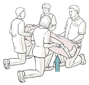 Cuatro proveedores de atención médica sosteniendo los bordes de la manta con el paciente en ella. Están arrodillados en una sola rodilla, listos para levantar al paciente.