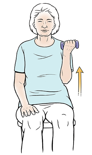 Una mujer sentada hace flexiones de bíceps con mancuernas.