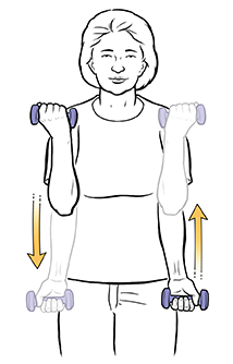 Mujer haciendo flexiones de bíceps con mancuernas.