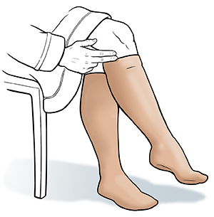 Mujer sentada en una silla midiendo dos dedos entre la parte superior de la media de compresión y el pliegue de la rodilla.