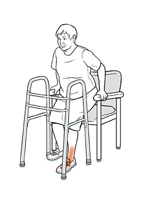 Mujer con andador bajando hacia una silla; se sujeta de los apoyabrazos mientras mantiene la pierna operada un poco hacia adelante.